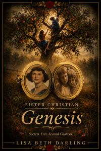 A locket showing Adelaide, Mason, and Hannah, sits before a large apple tree where children are playing