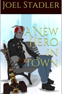 A demon in blue jeans and a leather jacket sits on a bench with a war hammer leaning against it and a cityscape in the background.