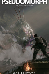 Hero standing on a ruined vehicle, looking away from screen at a charging monster