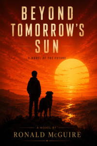 A young boy and his dog atop a hill stare at a city in the distance, backlit by the rising sun.
