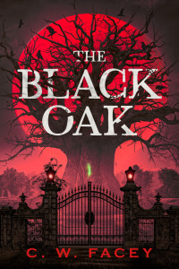 Black iron railings with black gothic double gates inside pillars. A large black oak tree beyond with a huge red moon behind.