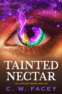 A woman's eye with cosmic strands of violet and emerald merging with her iris, overtaking it.