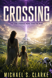 Crossing, by Michael S. Clarke : A woman in a long dress holds hands with a young girl, facing a furturistic city set in lush tropical scenery.