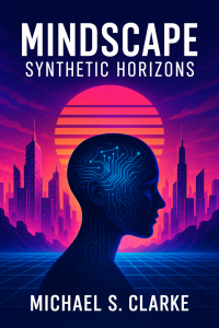 Mindscape: Synthetic Horizons. A synthetic human mind in profile against a futuristic cityscape.
