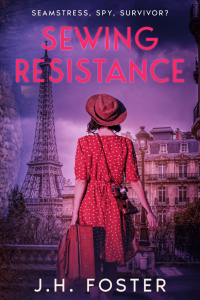 A woman in red dress walks through Paris with a suitcase