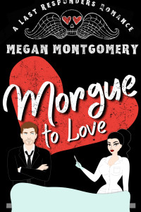 In the foreground, there is an illustration of a man in a suit with a bemused expression looks at the woman on his left, a black-haired woman holding a scalpel, ready to cut open the body under the sheet below her. Above them, the title, Morgue to Love stands out in front of a big red heart. At the top of the book, the words, A Last Responders Romance encircle a winged skull with heart-shaped eyes with the author's name below it.