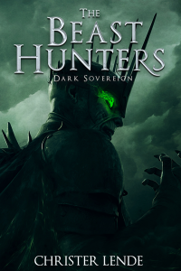 Title: The Beast Hunters Dark Sovereign. A dark regal undead-like figure wearing a menacing crown holds his white hand up in front of his face, a green glow emanating from his eyes..