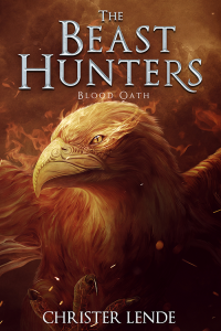 Title: The Beast Hunters Blood Oath. A beautiful phoenix stares at the reader, it's feathers intertwining with magnificent calming flames.