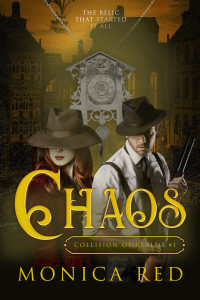 Steampunk city at night time with the main characters. Jess and Tom with the title of the book: Chaos: Collision of Realms by Monica Red