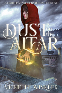 A woman wearing a red cloak, with gold light encircling her wrist, stands in a burnt down house on a stormy day.