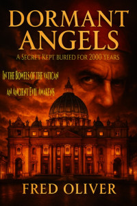 The Vatican as viewed from St. Peter's Square with demons flying overhead on a reddish cloudy dark sky.