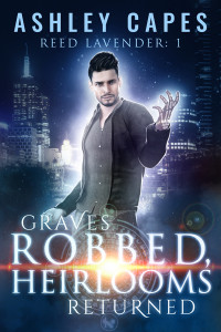 Dark-haired man with skeletal hand standing before a nightscape of the city