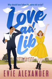 A good looking, mixed race man in a suit is carrying a sheaf of papers and looking at a beautiful redhaired woman in a yellow dress who is throwing papers in the air. In the background is a British Stately home