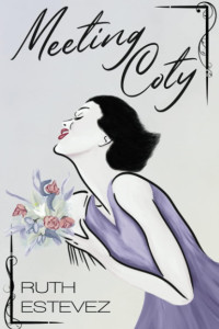Dark haired young woman in purple dress holding bunch of flowers