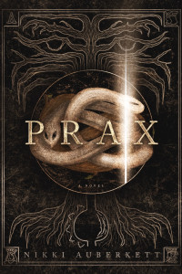 An infinity (aka ourobouros) serpent winds around the book title; backdrop is the tree of life flanked by various playing card characters.