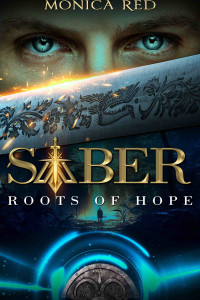 Saber Roots of Hope in the middle of a dark forest. The blade of a sword cover the face of the protagonist but his eyes.