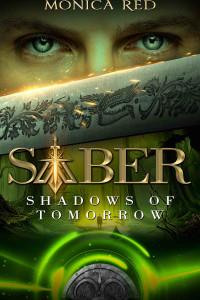 Saber, shadows of tomorrow title crossing a dark forest while a blade cover the face of the protagonist buy his eyes.