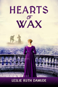A young woman in a long purple dress stares out over the ocean toward a distant dream-like image of slaves shrouded in mist.