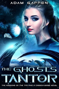 A woman's face above a frozen planet with a starship in the background