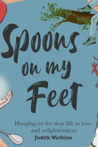 Spoons on my Feet title surrounded by a broken heart a boy in a tree, a baby bottle, Welsh dragon, a running top, spoons and crystal ball. The background in mainly dusky blue with a light pink border.