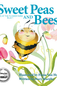 Illustrated watercolour bumblebee smiling atop sweet pea flowers/