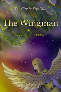 Image of a man with the head and wings of a bird flying to a city that is apparently upside-down and falling into space.
