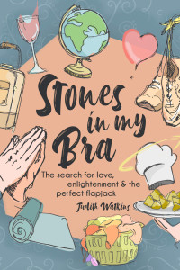 Stones in My Bra title surrounded by images of a yoga mat, praying hands, suitcase, globe, glass of wine, heart, running shoes, chef’s hat, plate of flapjack, laundry basket. The central colour is a light pink with a dusky blue border.