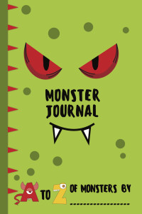Monster journal drawing book, green with red eyes and green spots monster like design with fangs. Fun and cute for children.