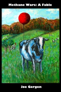 Cow in a field with a red balloon floating above 
