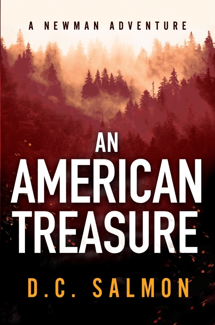 Book cover for "An American Treasure" by D.C. Salmon, part of "A Newman Adventure" series. A dense, misty pine forest is bathed in a dramatic reddish-orange glow with subtle sparks and glowing embers floating near the bottom. Bold white text in the centre reads "AN AMERICAN TREASURE", with "A NEWMAN ADVENTURE" across the top and "D.C. SALMON" in yellow-orange lettering along the dark base.
