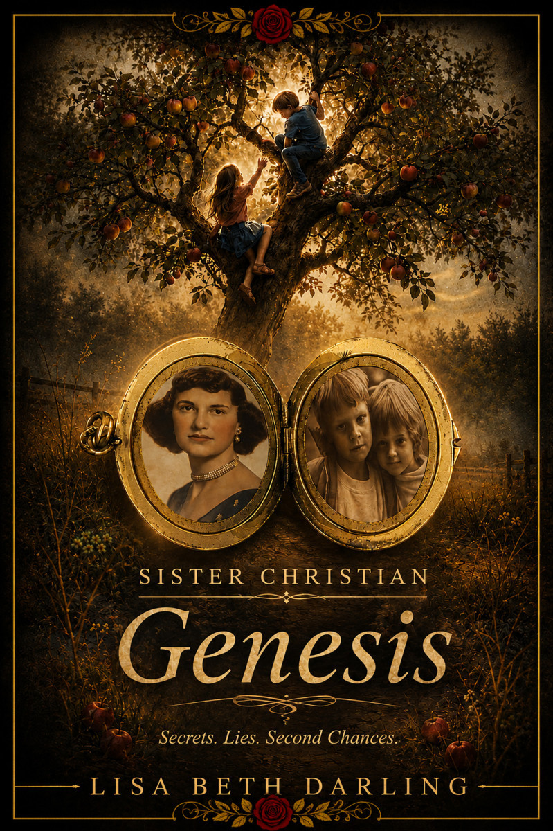 A locket showing Adelaide, Mason, and Hannah, sits before a large apple tree where children are playing