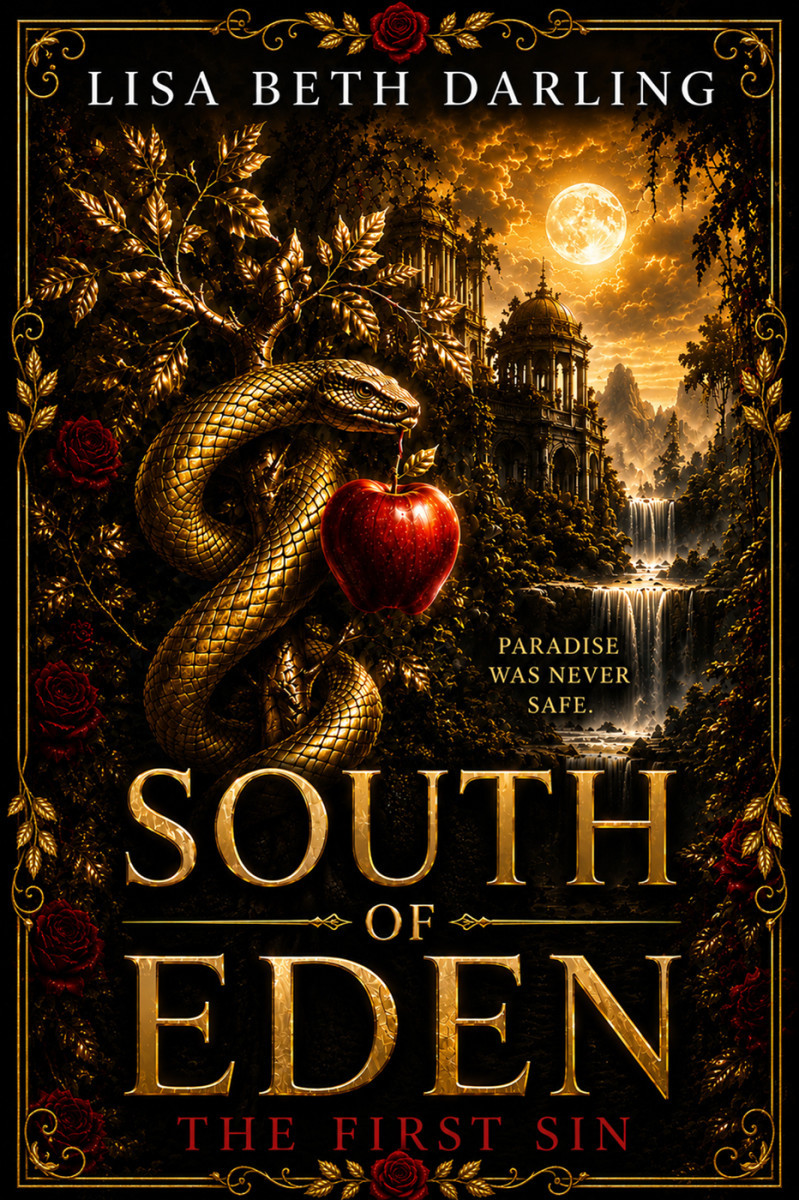 A golden snake holds a red apple in its mouth against the golden backdrop of a dying paradise
