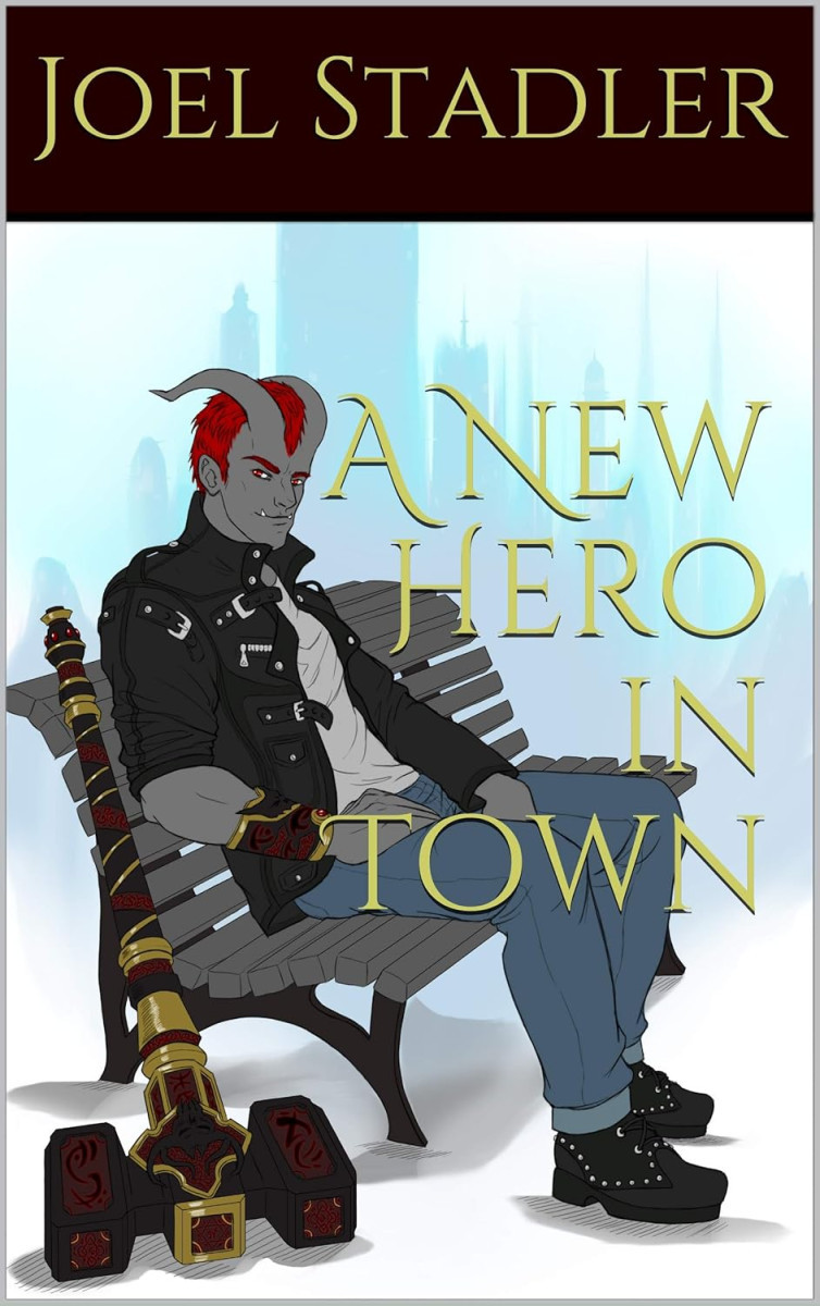 A demon in blue jeans and a leather jacket sits on a bench with a war hammer leaning against it and a cityscape in the background.