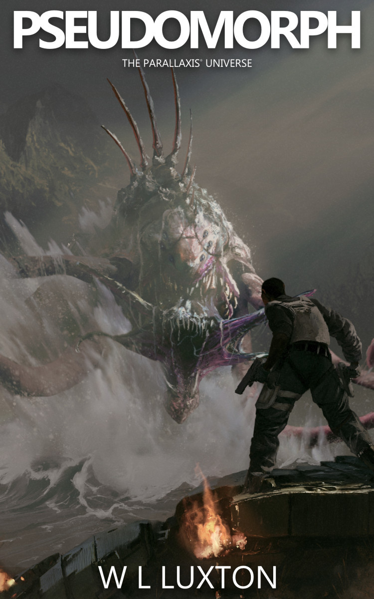 Hero standing on a ruined vehicle, looking away from screen at a charging monster