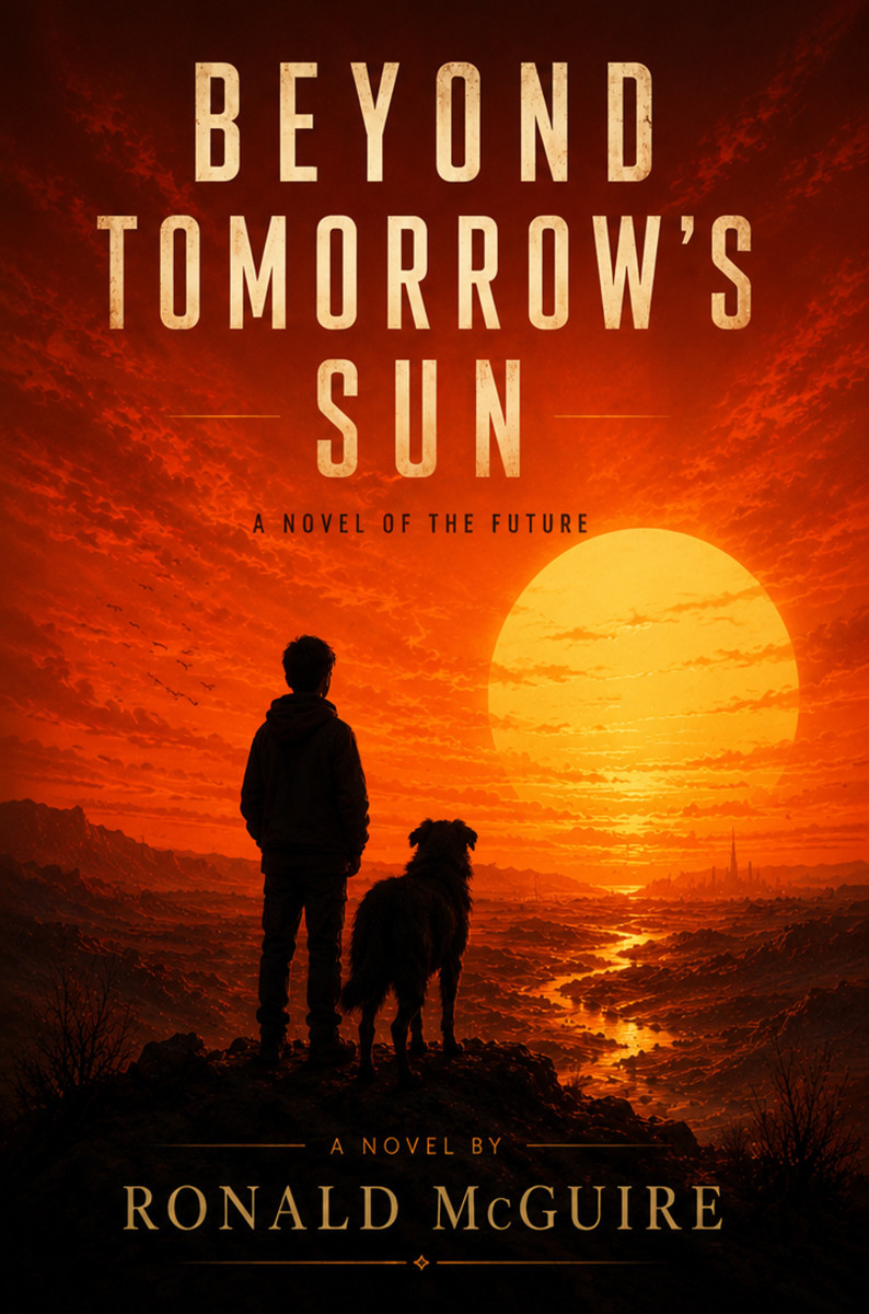 A young boy and his dog atop a hill stare at a city in the distance, backlit by the rising sun.