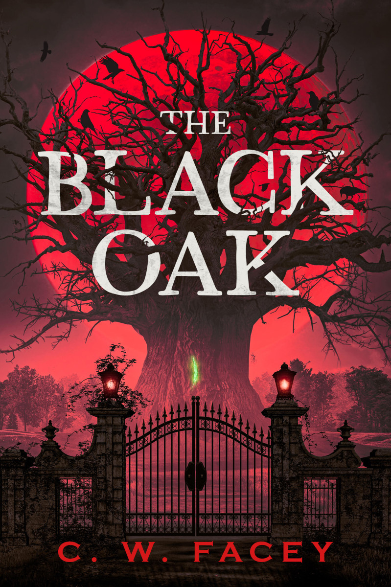 Black iron railings with black gothic double gates inside pillars. A large black oak tree beyond with a huge red moon behind.