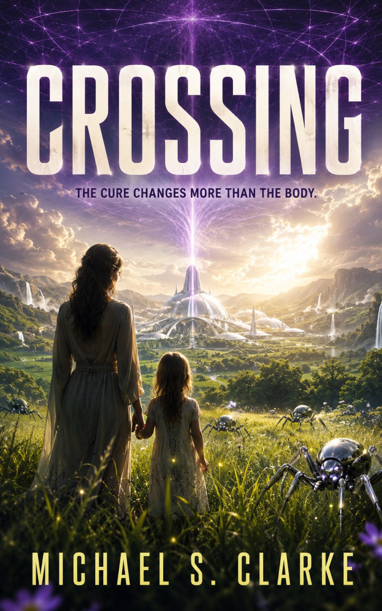 Crossing, by Michael S. Clarke : A woman in a long dress holds hands with a young girl, facing a furturistic city set in lush tropical scenery.
