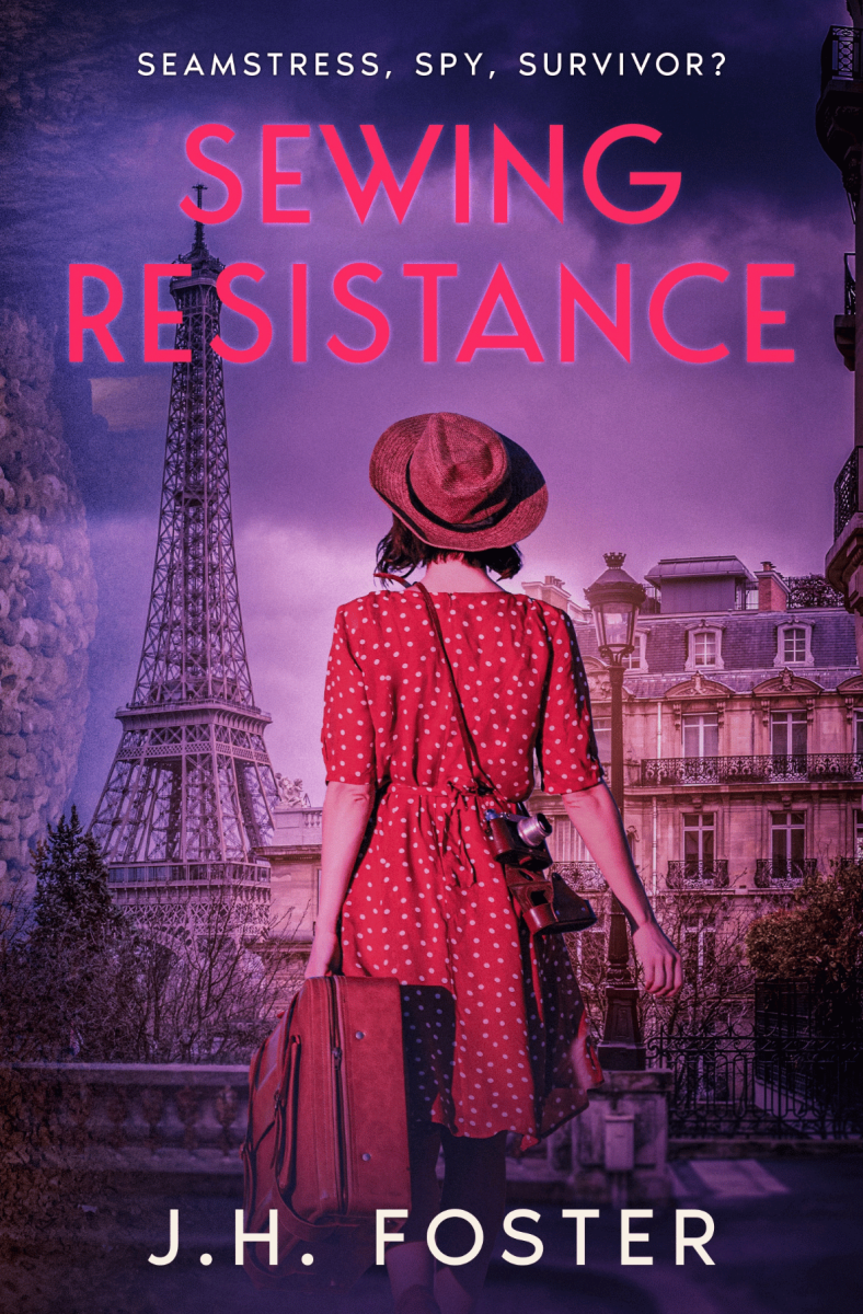 A woman in red dress walks through Paris with a suitcase