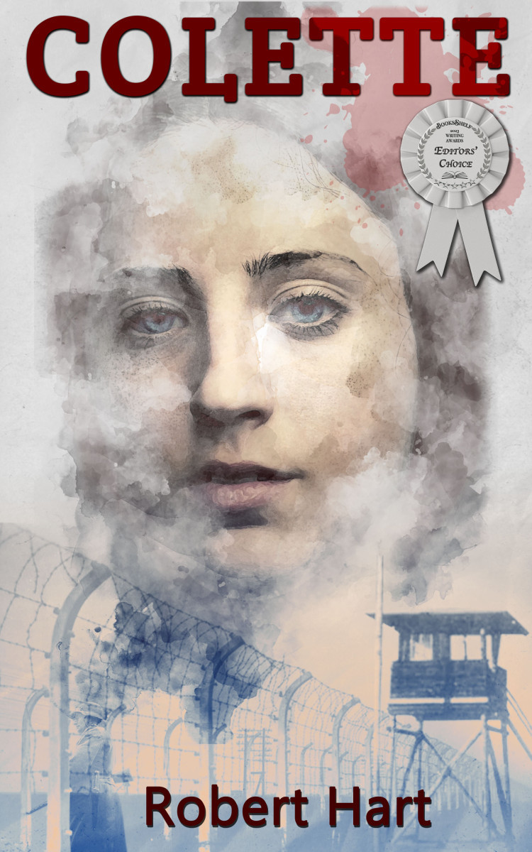 Colette's face set against a Nazi prison camp