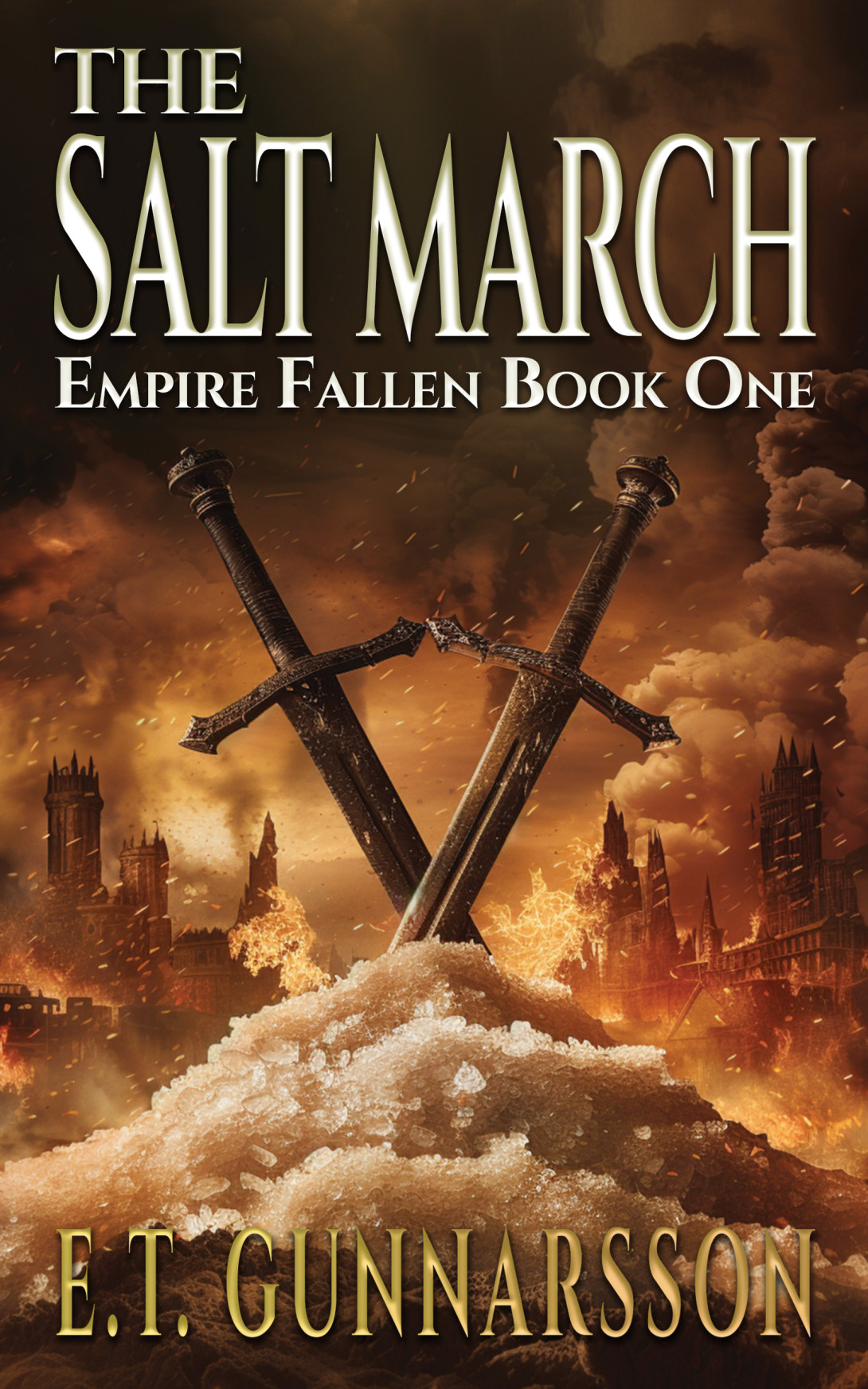 Two swords in a cross set in a salt pile.