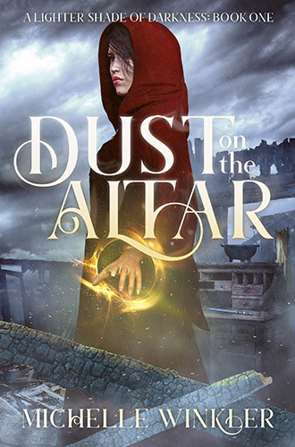 A woman wearing a red cloak, with gold light encircling her wrist, stands in a burnt down house on a stormy day.