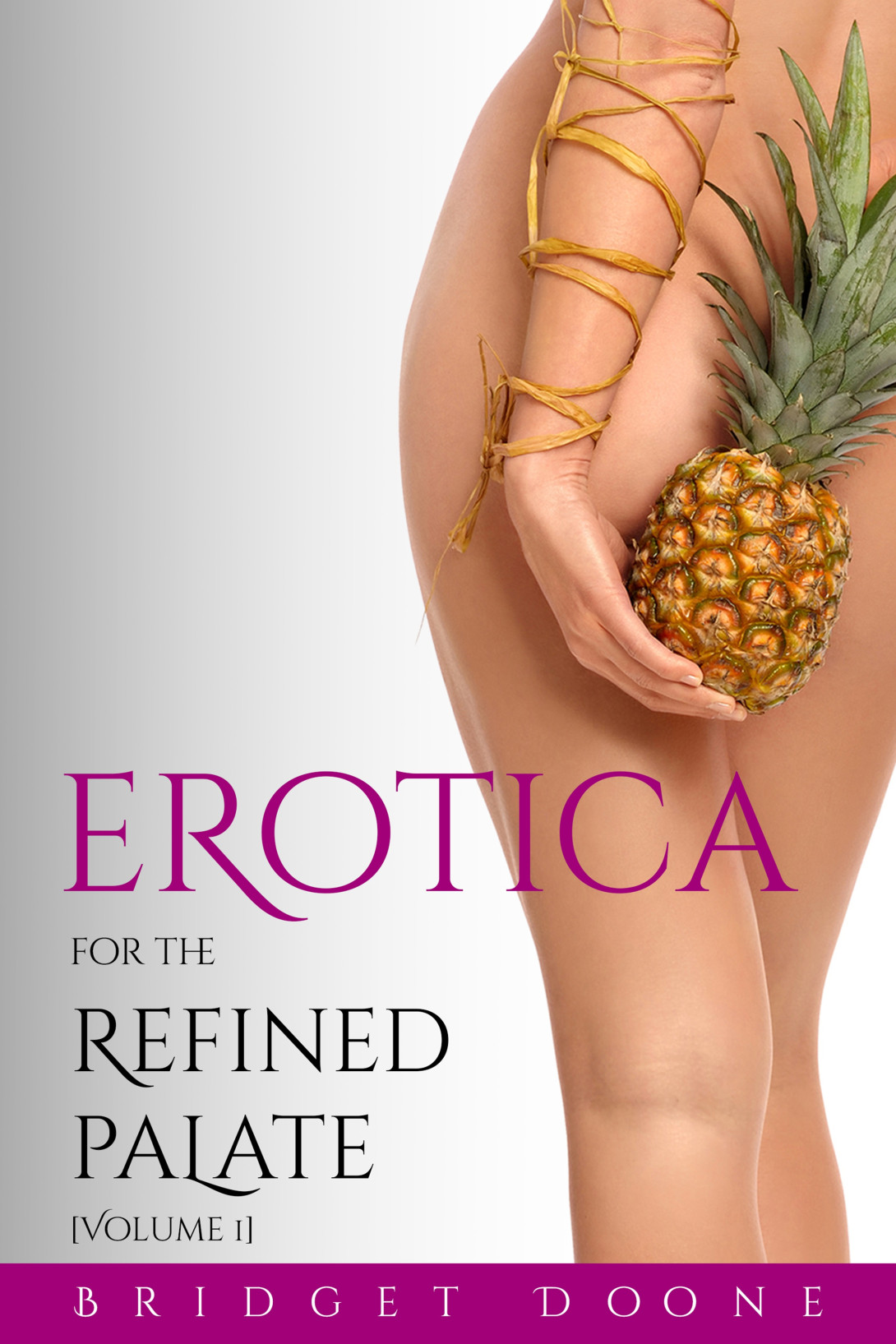 Backside of a naked woman holding a pineapple behind her back