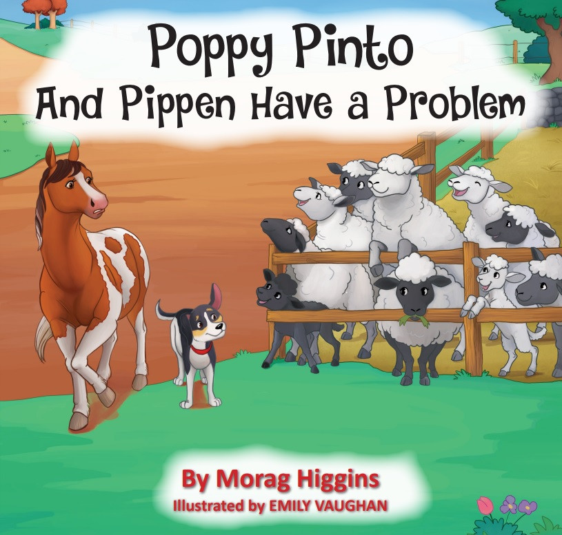 Pony and dog looking at sheep