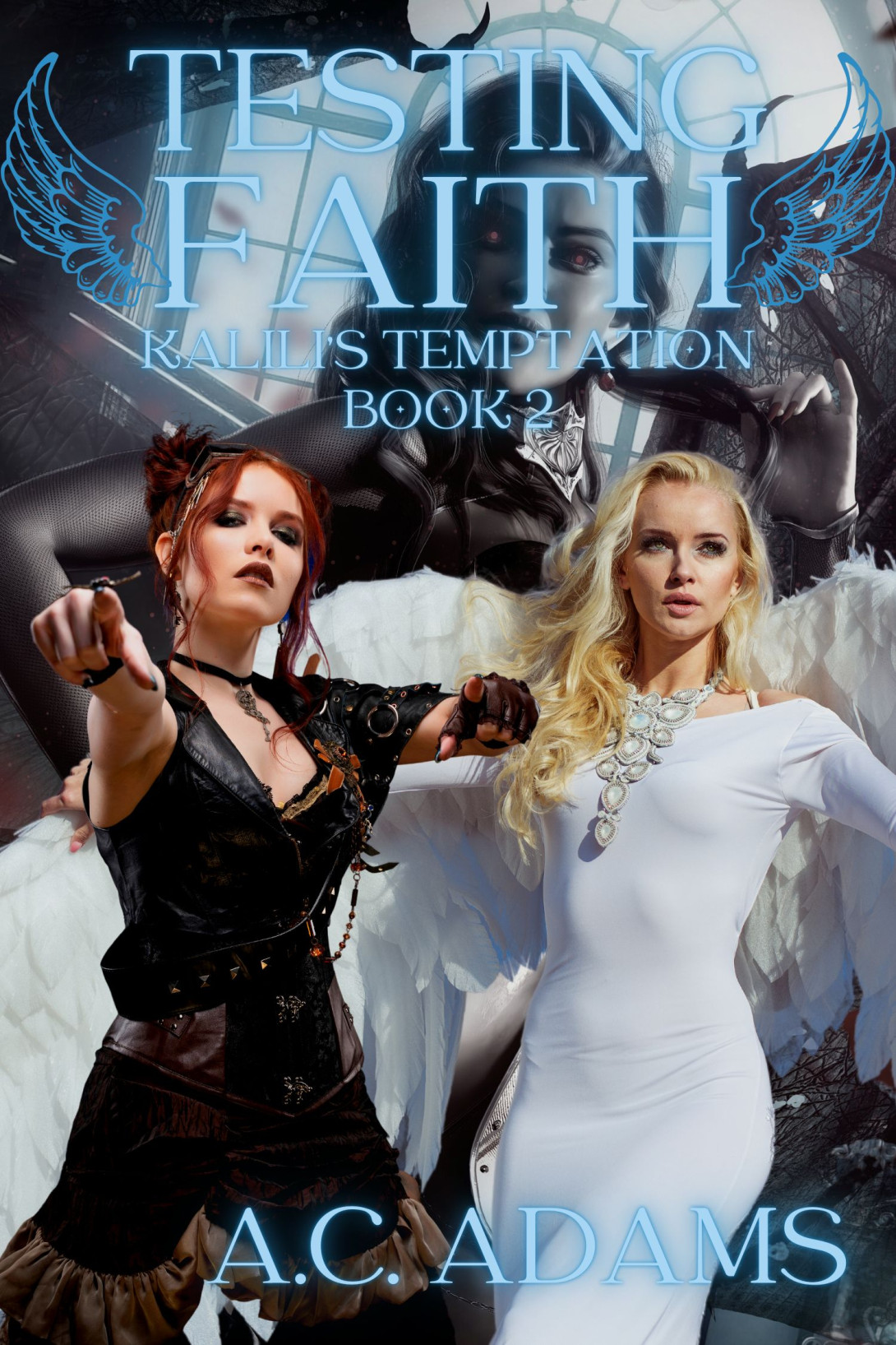 An angel and a demon, both female, in front of another, larger, female demon