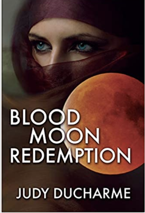 Blood Moon Redemption Girl with bright blue eyes in a hajib and a red moon.