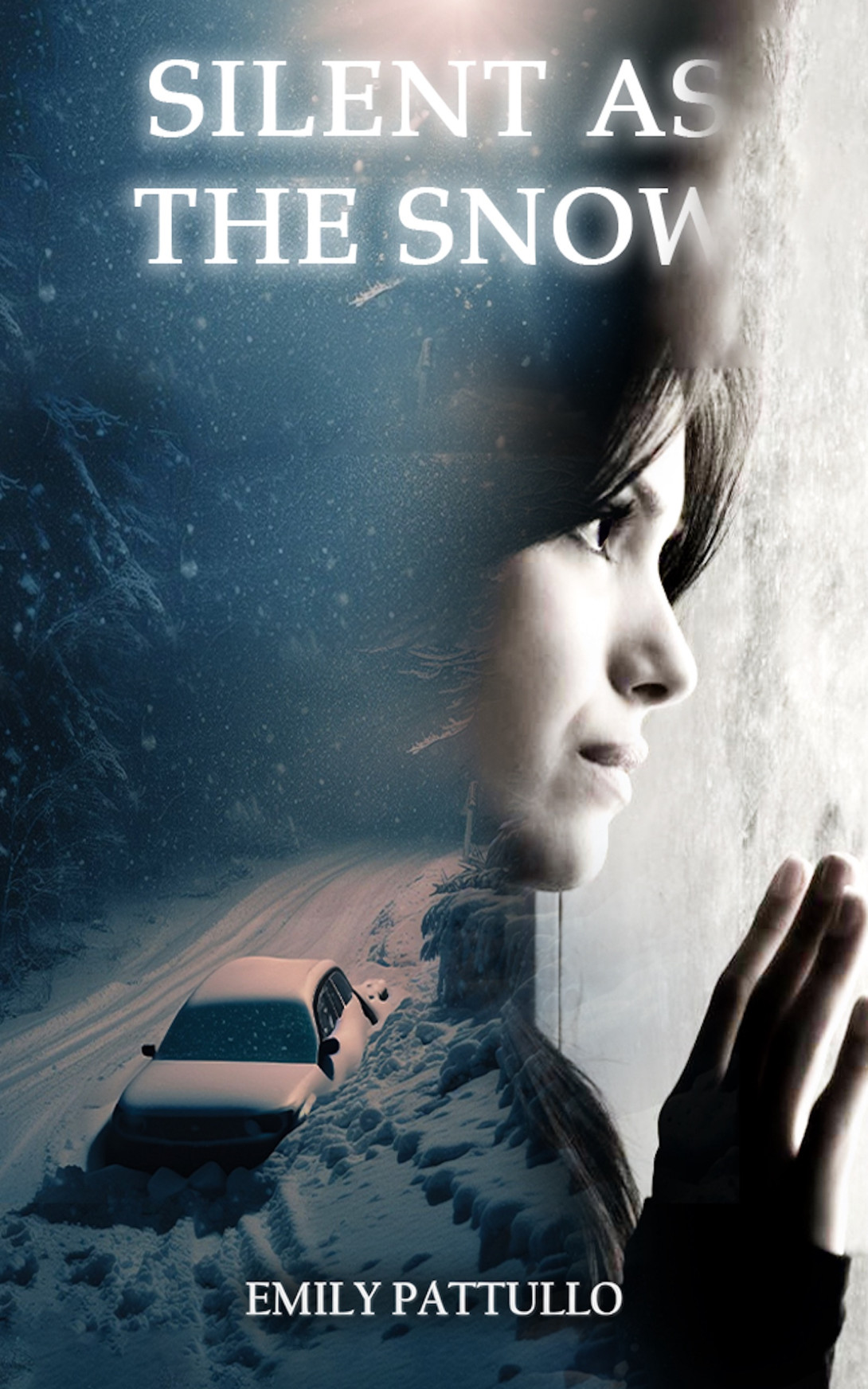 Car buried in snow, girl looking out of the window