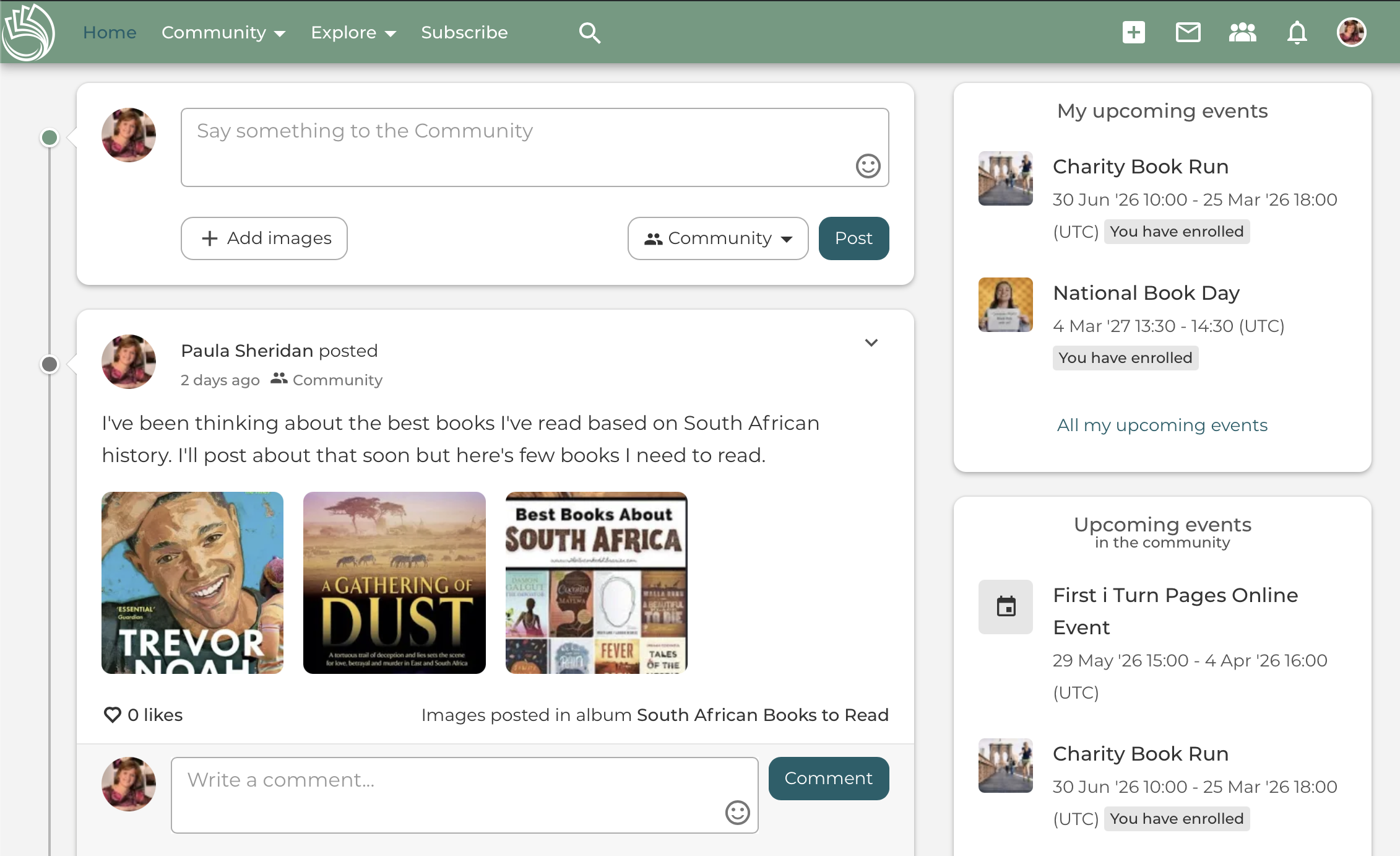 Here is how my Paula Sheridan logged in activity stream looks when I am logged into I Turn Pages.