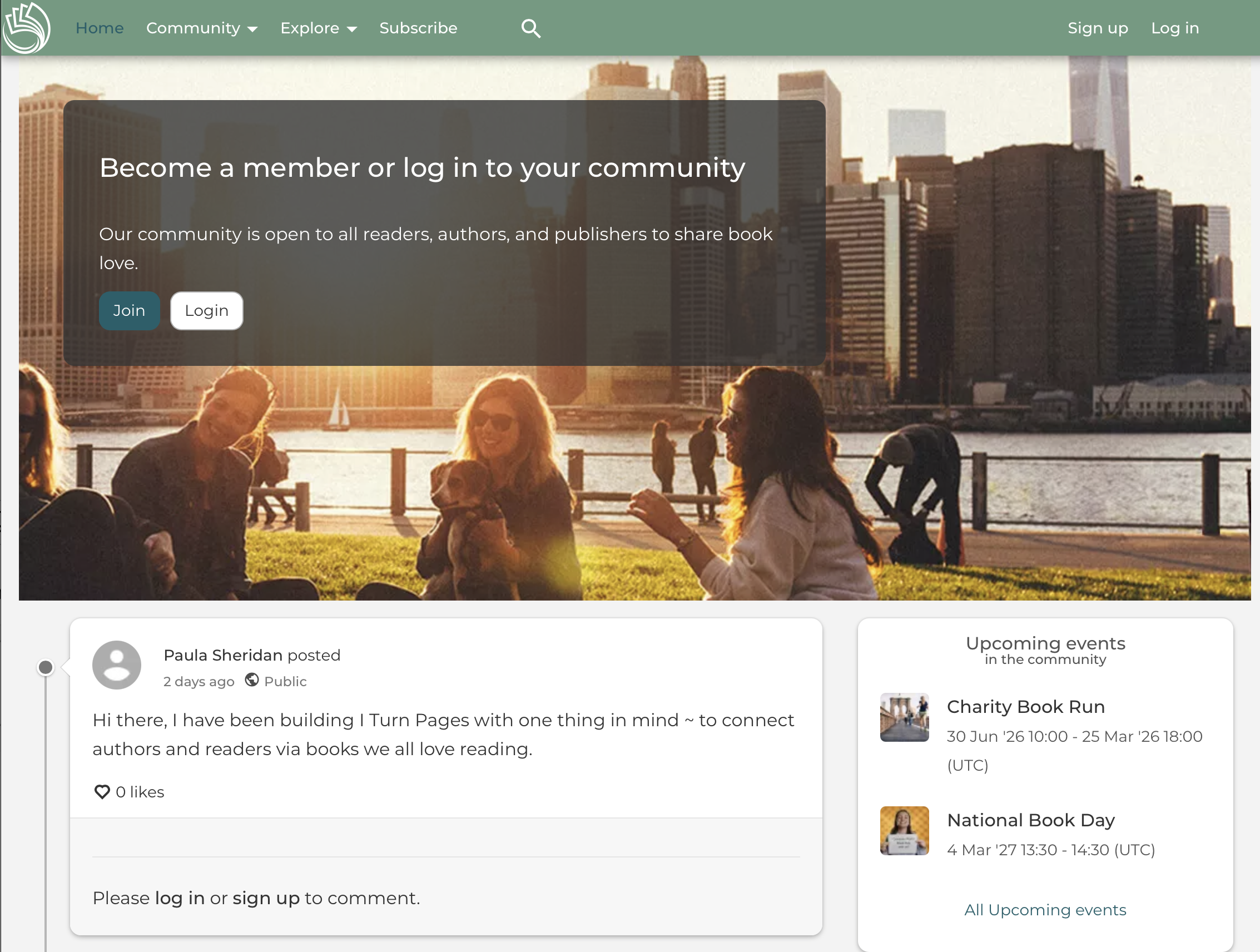 Here's how the I Turn Pages homepage looks when I'm not logged in.