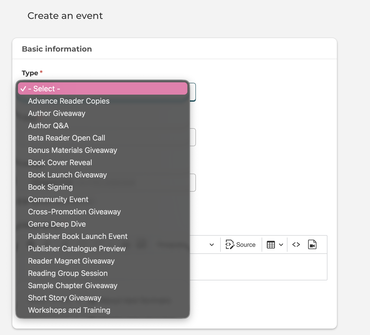 Select one of the event types for your book giveaway event.