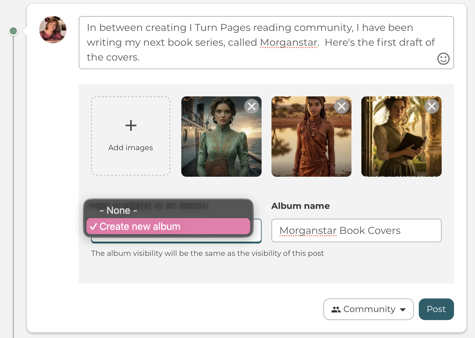 create a new album when you add your images to your author community posts